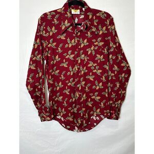 Golden Vee Men's Vintage Fall Leaves Pattern Red Button Down Shirt Size M